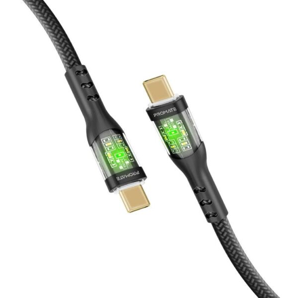 TRANSLINE-CC 60W Power Delivery Ultra-Fast USB-C Transparent Cable with LED, 1.2m, Black,   (1YR WRTY)