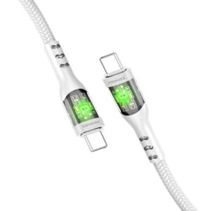 TRANSLINE-CC 60W Power Delivery Ultra-Fast USB-C Transparent Cable with LED, 1.2m, White,   (1YR WRTY)