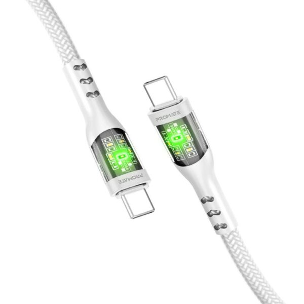 TRANSLINE-CC 60W Power Delivery Ultra-Fast USB-C Transparent Cable with LED, 1.2m, White,   (1YR WRTY)